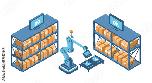Automated warehouse with robotic arm and cardboard boxes