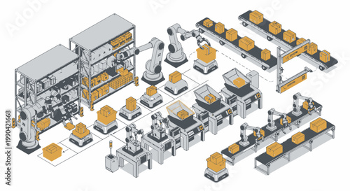Automated warehouse logistics with robotic arms and conveyor belts isometric