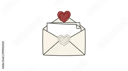 Open envelope with a red heart inside and heart outline on flap, symbolizing love message, isolated white background.
