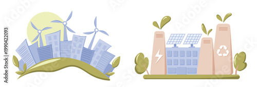 Eco cityscape with wind turbines, solar panels, green buildings, recycling towers and leaf motifs icon for sustainable urban development and clean energy infrastructure.