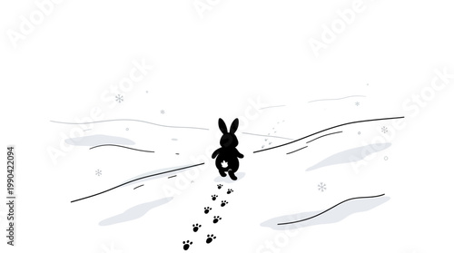Black rabbit hopping through fresh snow, leaving footprints, peaceful winter landscape with snowflakes.