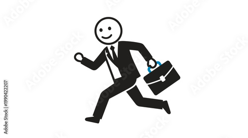 Happy Stick Figure Businessman Running with Briefcase on Isolated White Background