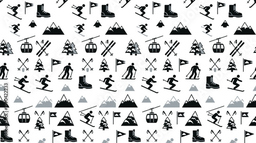 Monochrome Winter Ski Sport Elements Seamless Pattern on Isolated White Background