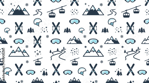 Winter Ski Gear and Mountain Elements Seamless Pattern on Isolated White Background