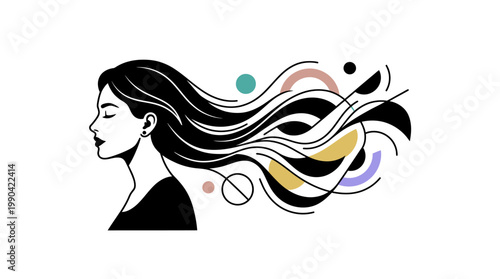 Stylized woman profile with long flowing dark hair and abstract colorful wavy lines and shapes, isolated white background