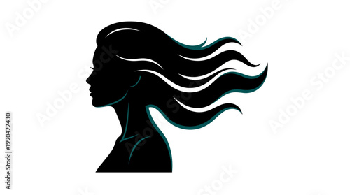 Stylized silhouette of a woman profile with dynamic flowing black hair and subtle teal accent, isolated white background