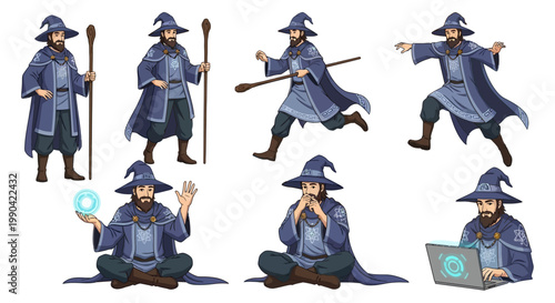 Collection of Wizard Poses and Actions Depicting Magic and Study.