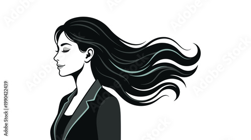 Confident professional woman profile with long dark flowing hair, wearing blazer, isolated white background