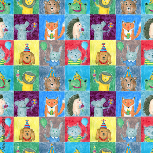 Festive cartoon animals seamless pattern. Illustration for fabric und textile design, wallpaper, packaging, nursery, greeting cards, decoration.