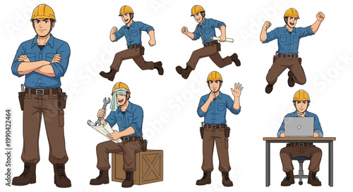 Construction Worker Poses And Actions Collection.