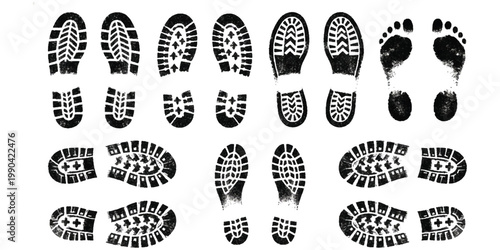 A comprehensive collection of diverse shoe prints and bare foot impressions, including various boot soles and sneaker patterns, all rendered in stark black on a clean white background.