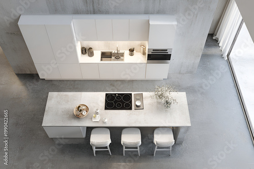 Bird's-eye view of a modern white kitchen featuring minimalist cabinets, island with cooktop, and three bar stools