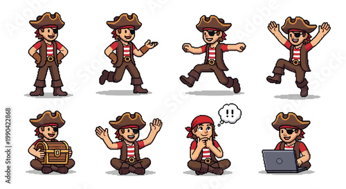 Pixel Art Pirate Character Set with Multiple Poses.