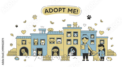 Cartoon animal shelter building with pets and staff for adoption