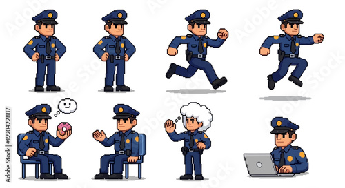 Pixel Art Police Officers in Various Poses and Actions.