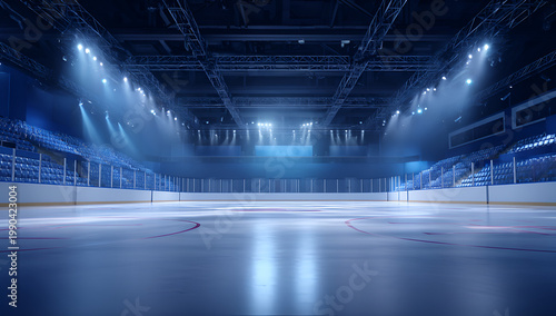 An empty ice rink under bright stadium lights, featuring rows of blue seating and an open ice surface. The perspective is at ice level