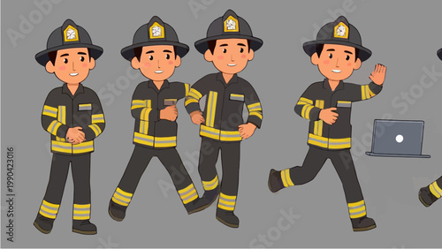 Set of Cartoon Firefighter Characters in Various Poses.