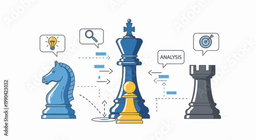 Chess pieces with business analysis icons for strategy concept
