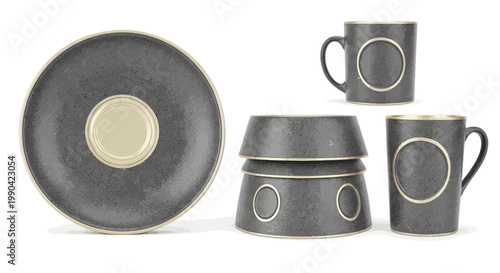 Set of Dark Gray Ceramic Tableware with Circular Design.