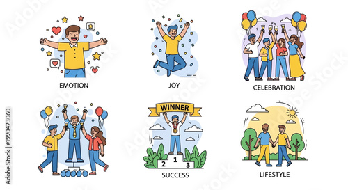 Set of illustrations depicting human emotions and achievements.
