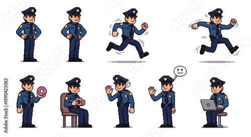 Set of Police Officers in Various Poses and Actions.