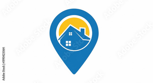 Pin location icon with house roof and windows over mountain sunrise backdrop for real estate navigation branding