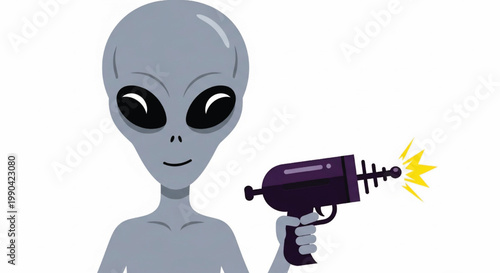 Robot hand holding toy gun with bright muzzle flash, comic-style illustration for violence awareness and gaming