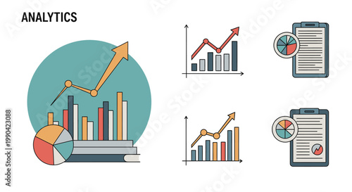 Business analytics icons with growth charts and financial reports