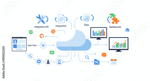 Business cloud integration and data dashboard flat vector concept