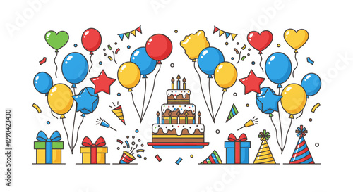 Colorful birthday party illustration with cake balloons and gift boxes
