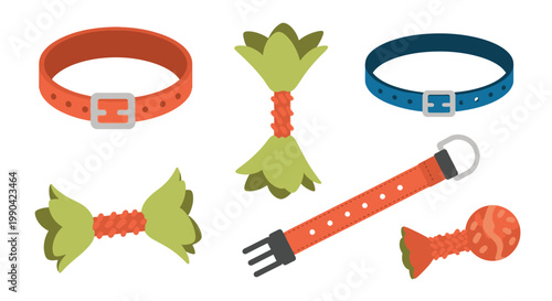 Colorful dog collars and pet chew toys collection