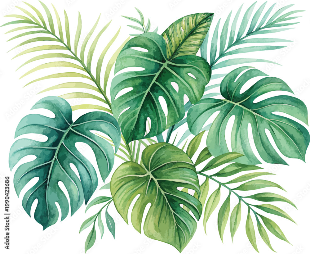 Obraz premium Vibrant Tropical Green Leaves Watercolor Illustration with Monstera and Palm Isolated on White