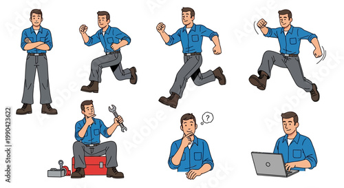 Collection of a Mechanic Character in Various Poses and Actions.