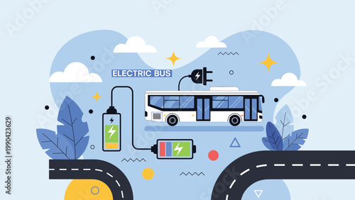 Electric bus transportation banner displays a vehicle connected to power sources on a scenic winding road.