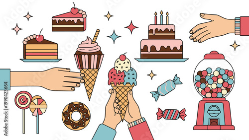 Sweet treats composition shows multiple hands reaching for various desserts like cake and ice cream.