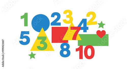 Colorful numbers and geometric shapes on white background