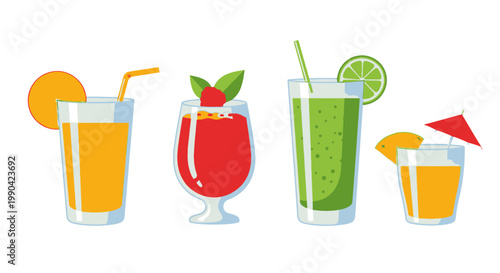 Colorful summer cocktails and tropical drinks in flat vector style
