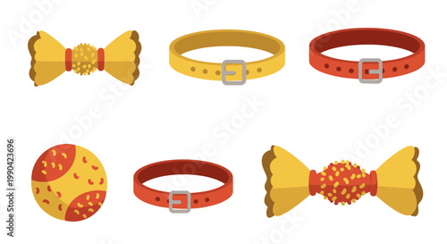 Colorful pet accessories set featuring collars bow ties and ball