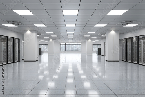 A spacious, bright, and sterile interior of a modern server room, showcasing rows of equipment and a reflective floor