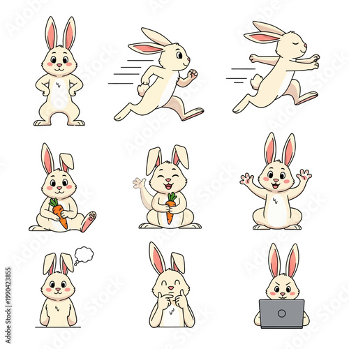 Collection of Cute Cartoon Bunnies in Various Poses.