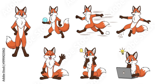 Collection of Cute Cartoon Fox Characters in Various Poses.