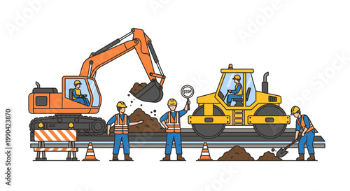 Construction workers and heavy machinery operating on road building site