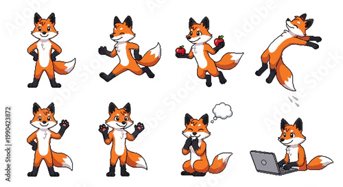 Collection of Cute Cartoon Foxes in Various Poses and Activities.