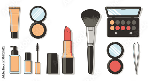Cosmetic beauty products and makeup tools set flat illustration