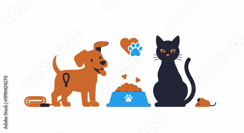 Cute dog and cat with food bowl and pet accessories