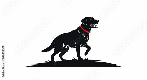 Dog mascot logo with red collar sitting on ground, black and white vector style isolated on white background