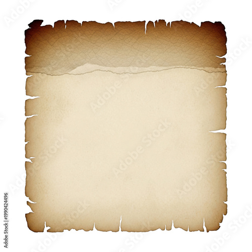 Vintage aged parchment paper with torn edges, antique burnt scroll background, weathered brown papyrus texture for historical documents