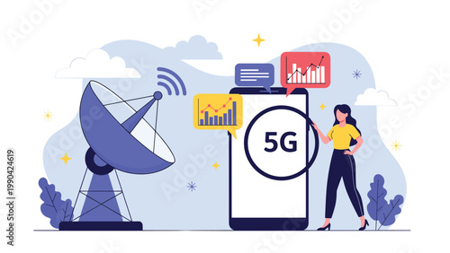 Woman presenting 5G network technology on a smartphone with charts and data symbols next to a large satellite dish for high speed connectivity.