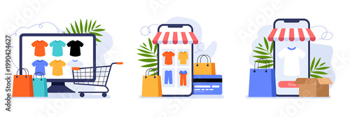 Illustrations depicting online shopping for clothing using different devices like computers and smartphones