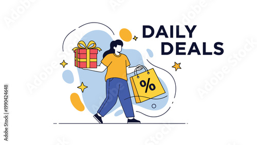 Happy woman shopping for daily deals carrying a large gift box and a yellow shopping bag with a percentage sign against a colorful background.